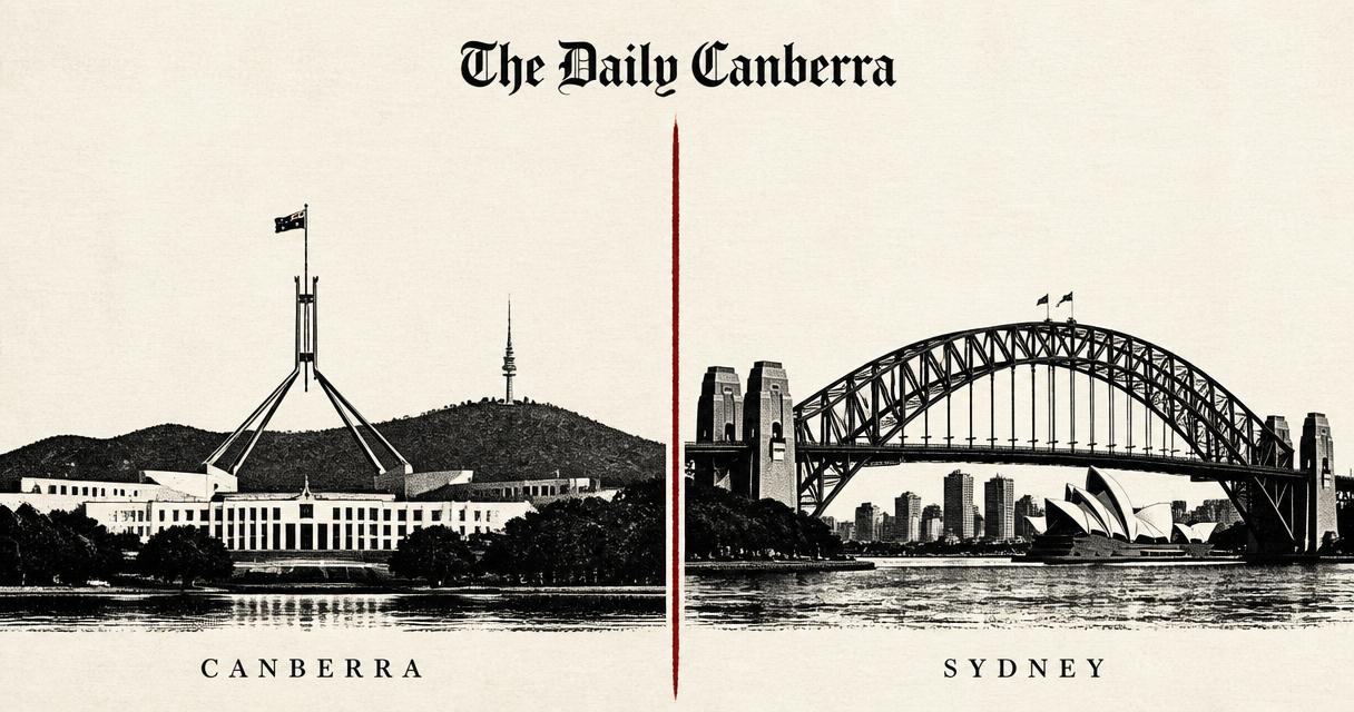 Editorial split illustration: Helsinki on the left and Sydney on the right
